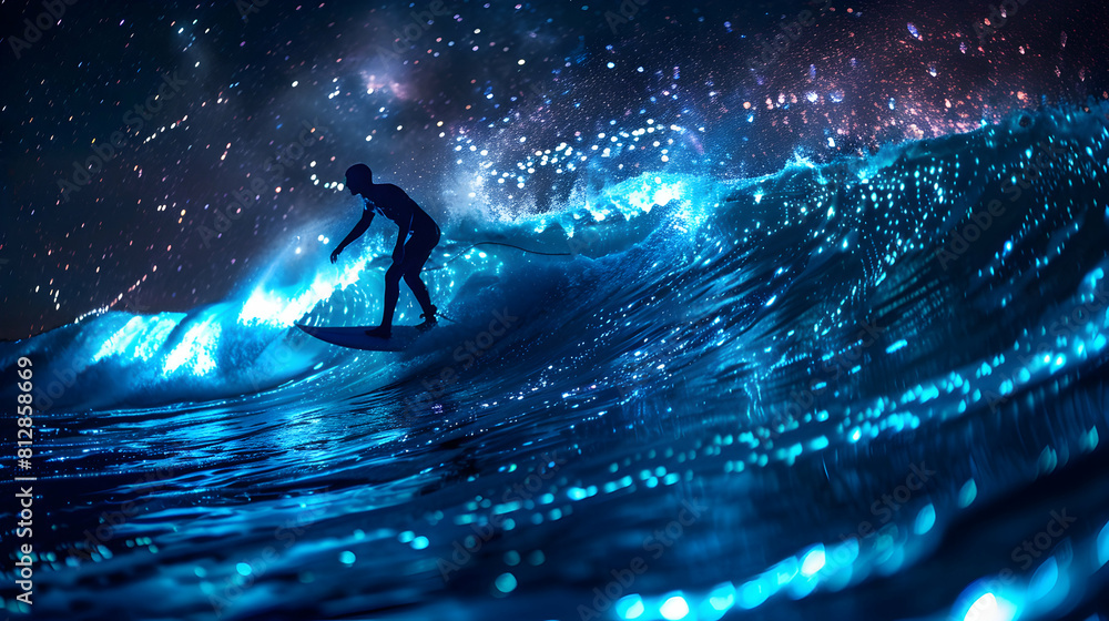 Bioluminescent Surf: Surfers Riding Glowing Waves Under Night Sky Photo Stock Concept