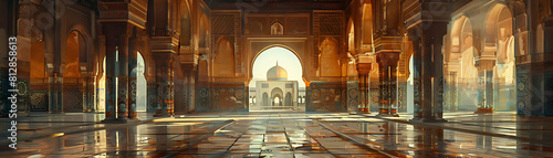 detail of arabian mosque with sunlight reflection on wet ground