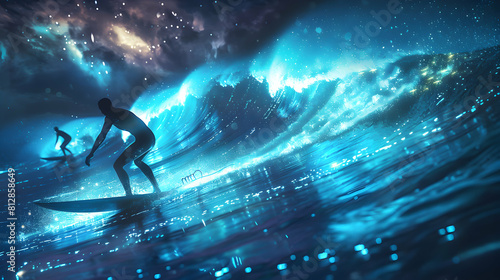 Surfers Riding Glowing Waves in Bioluminescent Sea Under Night Sky, Leaving Trails of Light Photo Realistic Concept
