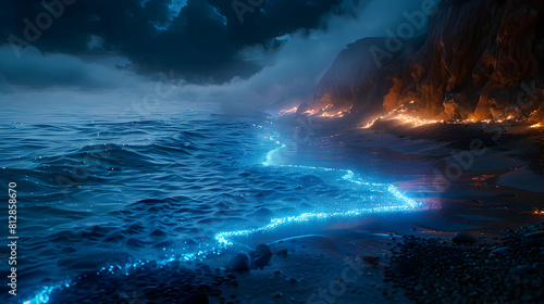 Enchanting Bioluminescent Tide: Mesmerizing Light Illuminating Beach and Rocks in Photo realistic Stock Concept