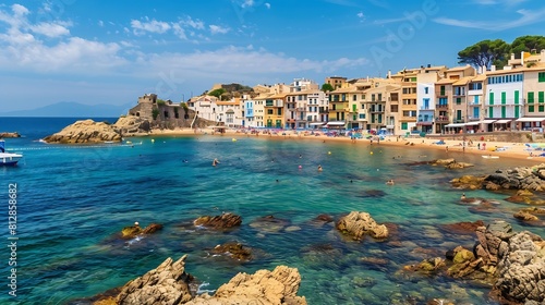 Sea landscape with Calella de Palafrugell Catalonia Spain near of Barcelona Scenic fisherman village with nice sand beach and clear blue water in nice bay Famous tourist destination in : Generative AI photo