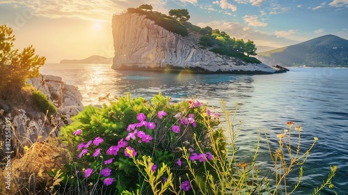 Bright spring view of the Cameo Island Picturesque morning scene on the Port Sostis Zakinthos island Greece Europe Beauty of nature concept background : Generative AI photo