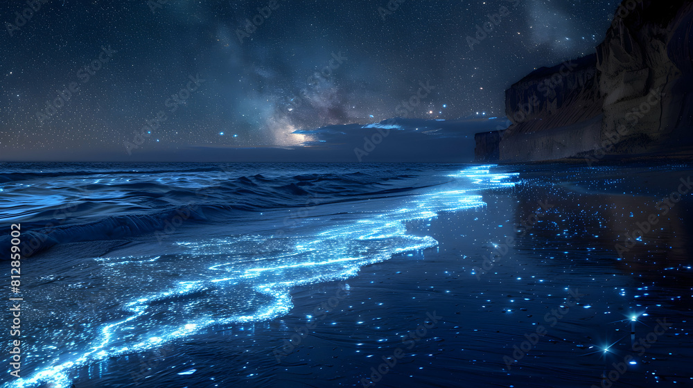 Serene Coastal Bioluminescence: Photo realistic Image of Bioluminescent Waves Illuminating a Tranquil Coastline under a Starlit Sky   Stock Photo Concept