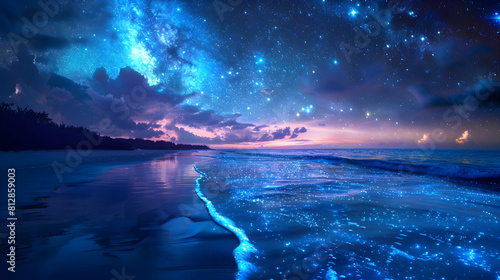 A mesmerizing portrayal of Coastal Bioluminescence: A serene coastline illuminated by the magical glow of bioluminescent waves under a star filled sky