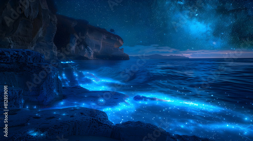 Bioluminescent Waves Illuminating Serene Coastal Starscape