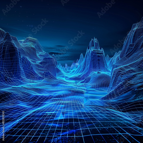 A virtual reality world where the landscape is composed of blue digital wireframes, creating an immersive tech environment