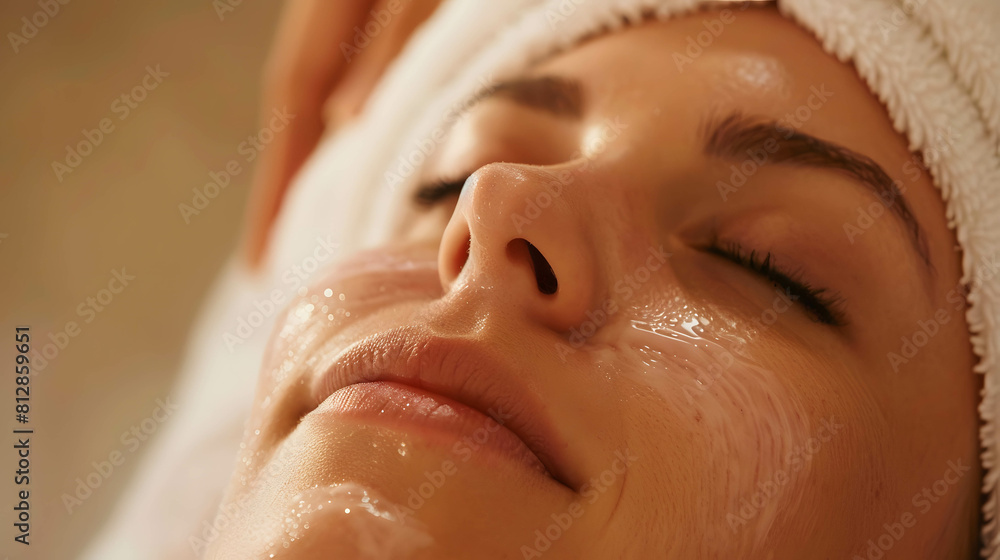 Close-up of a serene woman's face receiving a relaxing facial treatment at a luxury spa, spa industry trend in the future, investment in spa sector Close-up of a serene woman's face receiving a relaxing facial treatment at a luxury spa, spa industry trend in the future, investment in spa sector