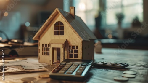 Calculators pressed by hand, aiming for home refinance. Wooden house model, buy or rent note. Concept of saving for property, strategic mortgage payment. Tax, credit analysis for financial success. photo