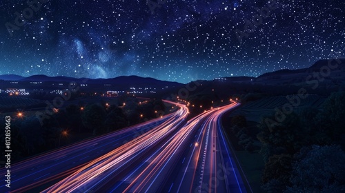 bustling highway weaving through countryside under starlit sky  embodying movement and connectivity  vibrant  mysterious  AI Generative hyper realistic 