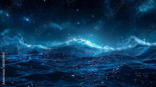 "Dancing Lights of the Ocean: Waves Dance with Glowing Blue Lights in a Breathtaking Nighttime Scene" Photo Stock Concept