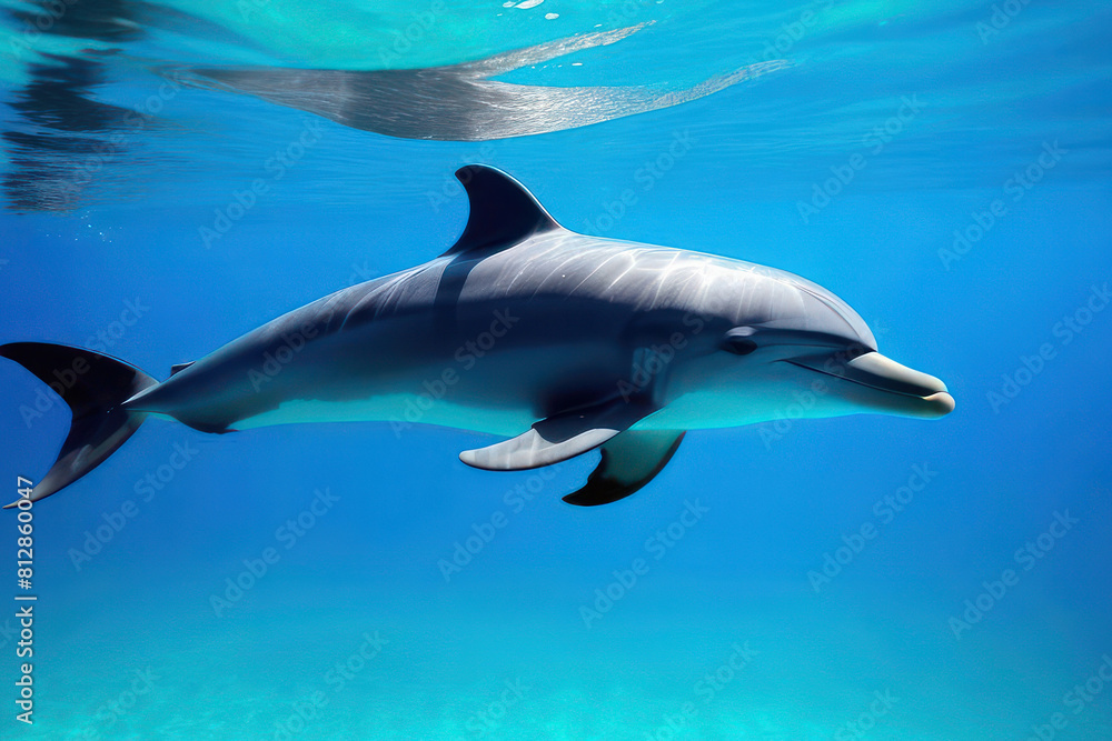 Fototapeta premium Graceful dolphin swimming in the clear blue ocean, symbolizing wildlife in harmony