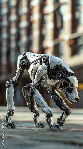 A futuristic quadruped robot resembling a dog, with a sleek white and black design, standing on a pavement with blurred buildings in the background.