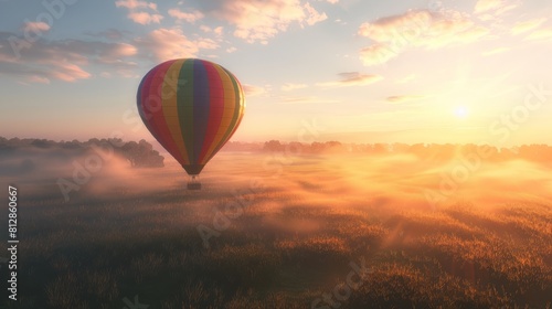 Colourful hot air balloon floating over distant fields and meadows covered with fog on sunny sunrise. hyper realistic 