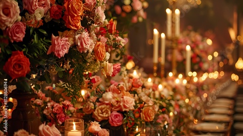 Captivating wedding decor accentuated by rose flower arrangements in varying shades, accompanied by flickering candles that cast enchanting shadows