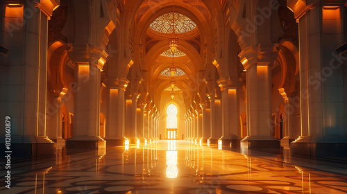 enthralling night atmosphere at mosque with radiant golden light shining on the shiny floor and large building in the background