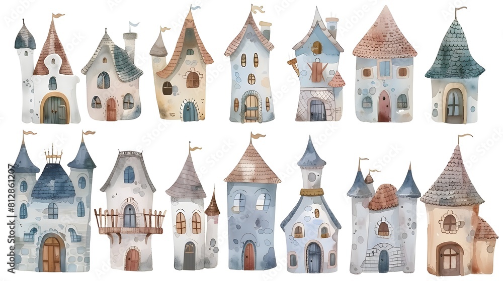 Whimsical Medieval Style Cottages and Castles in a Fairy Tale Village Landscape