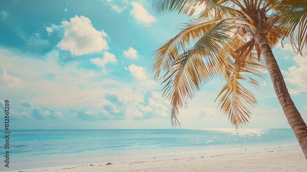 Panorama banner photo of idyllic tropical beach with palm tree : Generative AI Panorama banner photo of idyllic tropical beach with palm tree : Generative AI