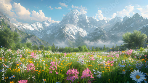 As the title may not exceed 190 characters, here is a revised version: "Photo realistic capture of Evening Serenity in Alpine Meadows: peaceful end to adventurous days."
