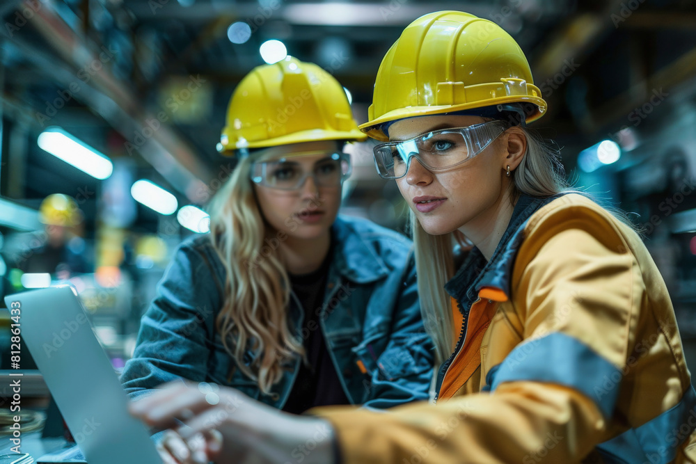 Two female engineers in hard hats are analyzing data on a laptop in an industrial setting, possibly discussing a project or machinery operation. Two female engineers in hard hats are analyzing data on a laptop in an industrial setting, possibly discussing a project or machinery operation.