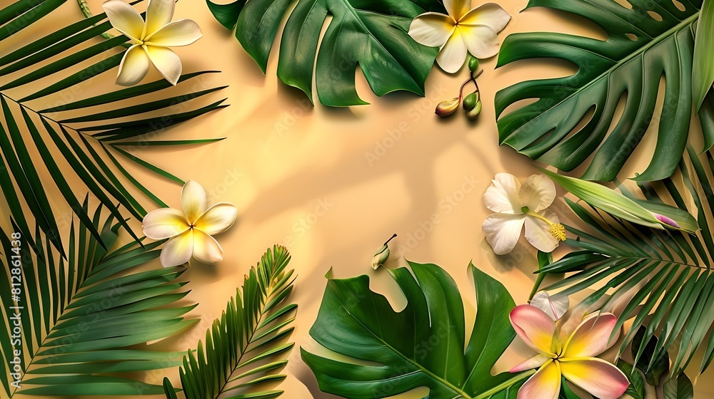 Creative nature layout made of tropical leaves and flowers Flat lay Summer concept : Generative AI Creative nature layout made of tropical leaves and flowers Flat lay Summer concept : Generative AI
