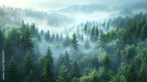 Foggy Old Growth Forest at Dawn  Early morning mist envelops ancient woodland  creating an aura of mystery. Photo Realistic Concept