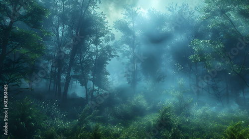 Foggy Old Growth Forest at Dawn Early morning mist blankets ancient woodland, evoking a sense of mystery and serenity