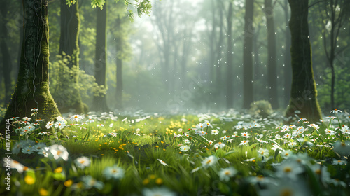 Enchanting Forest Floor in Spring: Vibrant Wildflowers and New Life Awakening in Old Growth Wilderness Photo Realistic Concept
