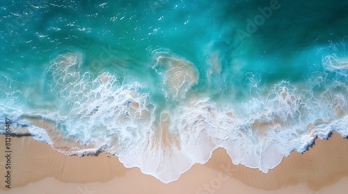 Relaxing aerial beach landscape summer vacation holiday Mediterranean Waves surf with amazing blue ocean lagoon sea shore coastline Tranquil aerial drone top view Peaceful bright beach   Generative AI