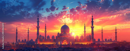 glowing mosque with golden light piercing the night sky