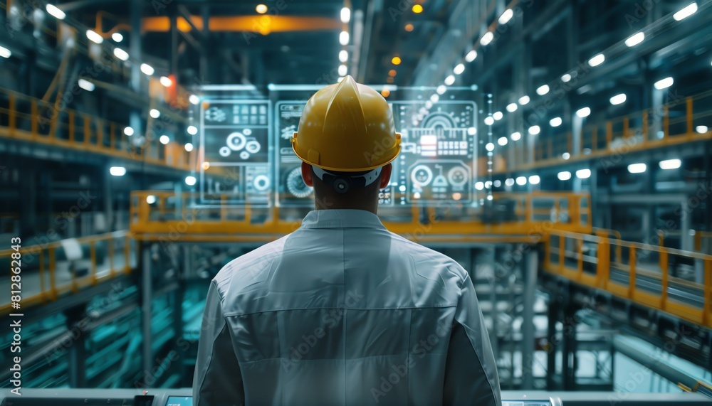 A Back view of an engineer with a hard hat looking at the digital interface of an automated production line in a modern factory A Back view of an engineer with a hard hat looking at the digital interface of an automated production line in a modern factory