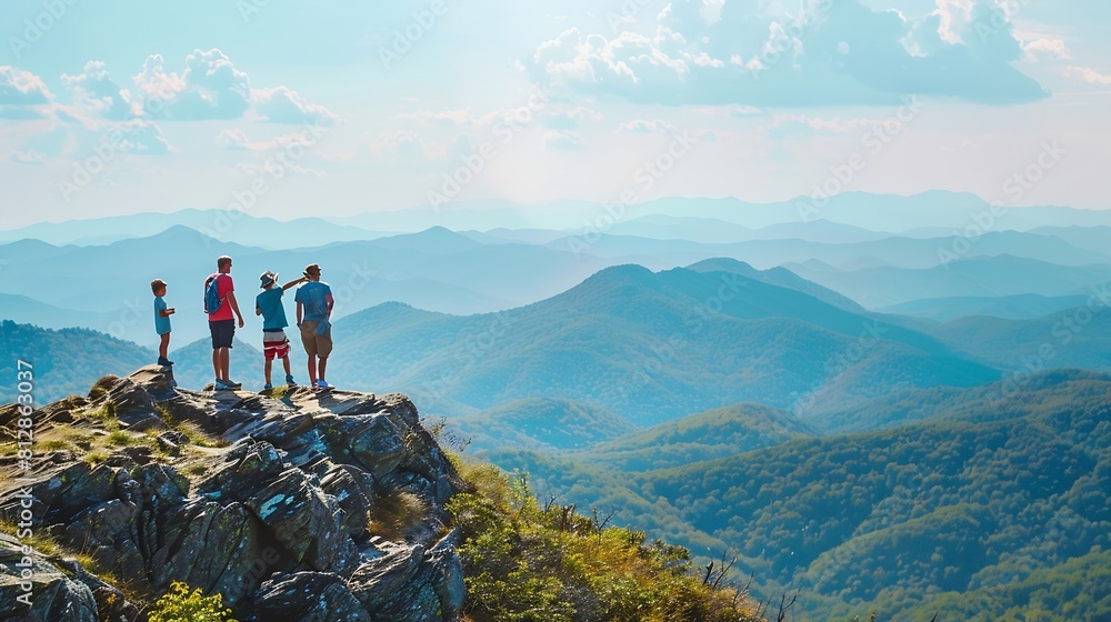 Fototapeta premium Family hiking on vacation standing with arms around on top of the mountain looking at beautiful summer mountains landscape People enjoying beautiful view North Carolina USA : Generative AI