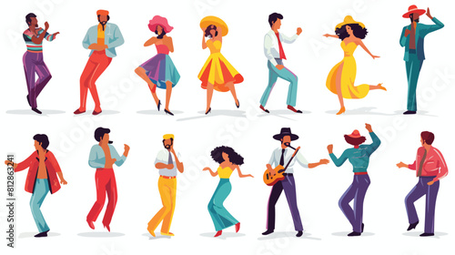 Disco dancing people vector illustration set with v