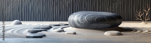 A serene zeninspired display featuring a round stone platform surrounded by smooth pebbles on raked white sand photo