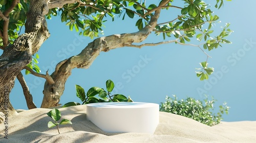 A white podium in roundshaped displayed on the sand with a big tree branch and some green tropical leaves Blue sky background : Generative AI photo
