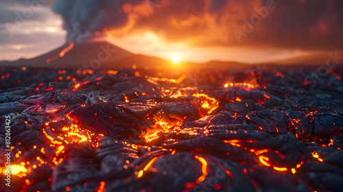 Captivating Sunrise over Lava Fields: A Photorealistic Exploration of Intricate Textures and Vibrant Colors
