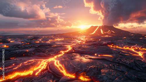 Sunrise Glow: Capturing the Stunning Lava Fields in Photo Realistic Detail, Showcasing Vibrant Colors and Intricate Textures of Cooled Lava Adobe Stock Photo Concept