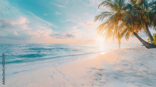 Beautiful tropical beach banner White sand and coco palms travel tourism wide panorama background concept Amazing sunset beach resort landscape view use for summer vacation or tropical   Generative AI