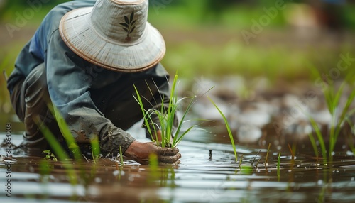 Farmer planting rice seedlings by hand in a flooded paddy, their widebrimmed hat shielding them from the sun, eyelevel shot photo