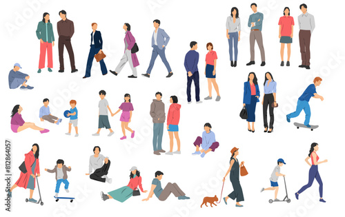 Men, women, teenagers and children standing, walking, sitting, different colors, cartoon character, group  silhouettes rest people, students, design concept of flat icon, isolated on white background