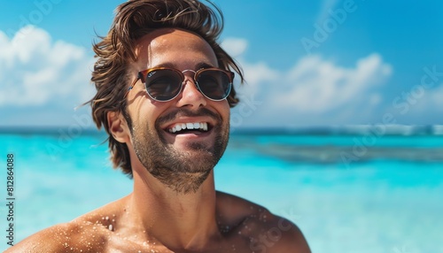 Fit man on a tropical beach, sunglasses on, radiant smile, clear blue sky photo