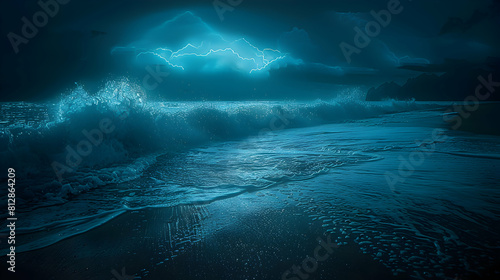 Glowing Waves at Midnight: Photo realistic concept of waves crashing on a dark beach with a mystical blue glow under the moonlight