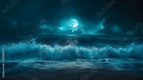 Understood. The Adobe Stock Title is: "Photo realistic Waves crashing on a dark beach emitting a mystical blue glow under the moonlight as Midnight Glow on the Shore concept"