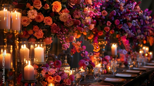 Enchanting wedding decorations featuring intricate rose flower arrangements in a spectrum of colors  enhanced by the soft glow of flickering candles