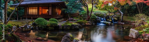 Japanese garden by hot springs  serene dawn lighting  panoramic view  tranquil mood