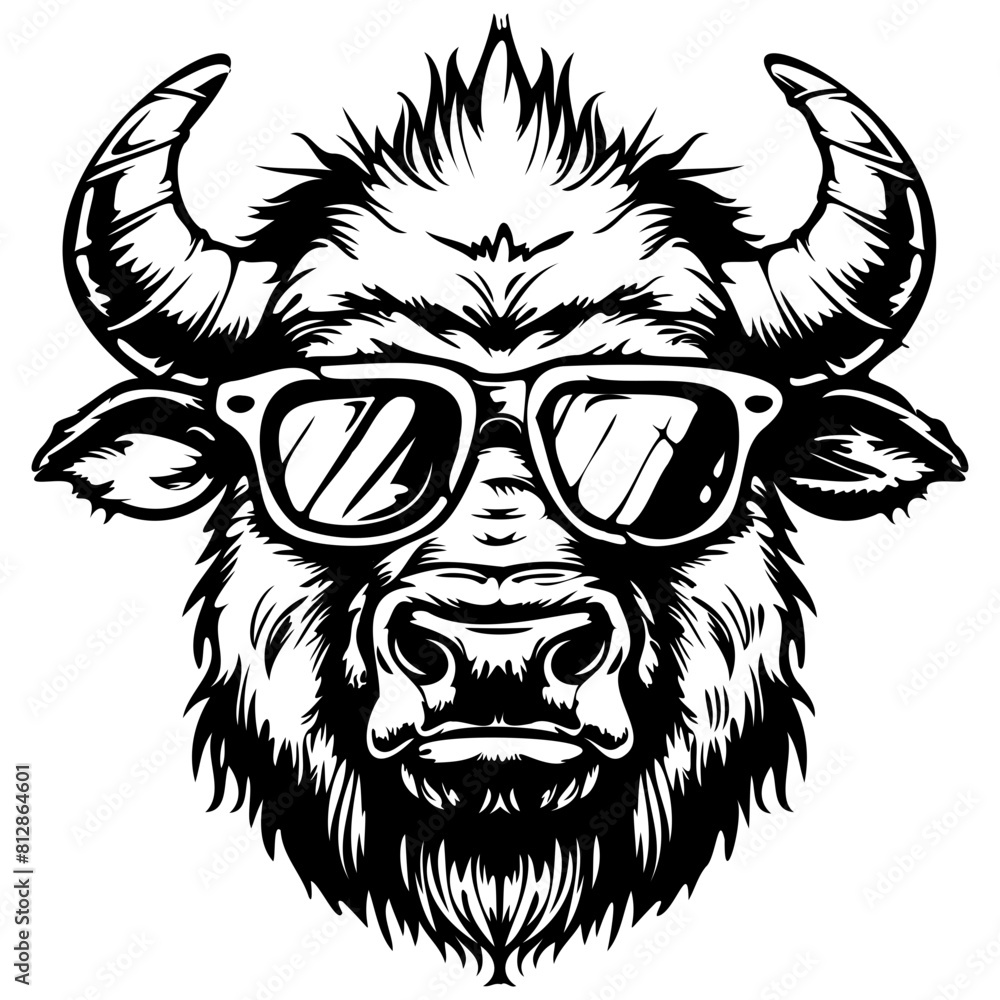 Cool Bison wearing sunglass black silhouette logo svg vector, buffalo icon illustration.