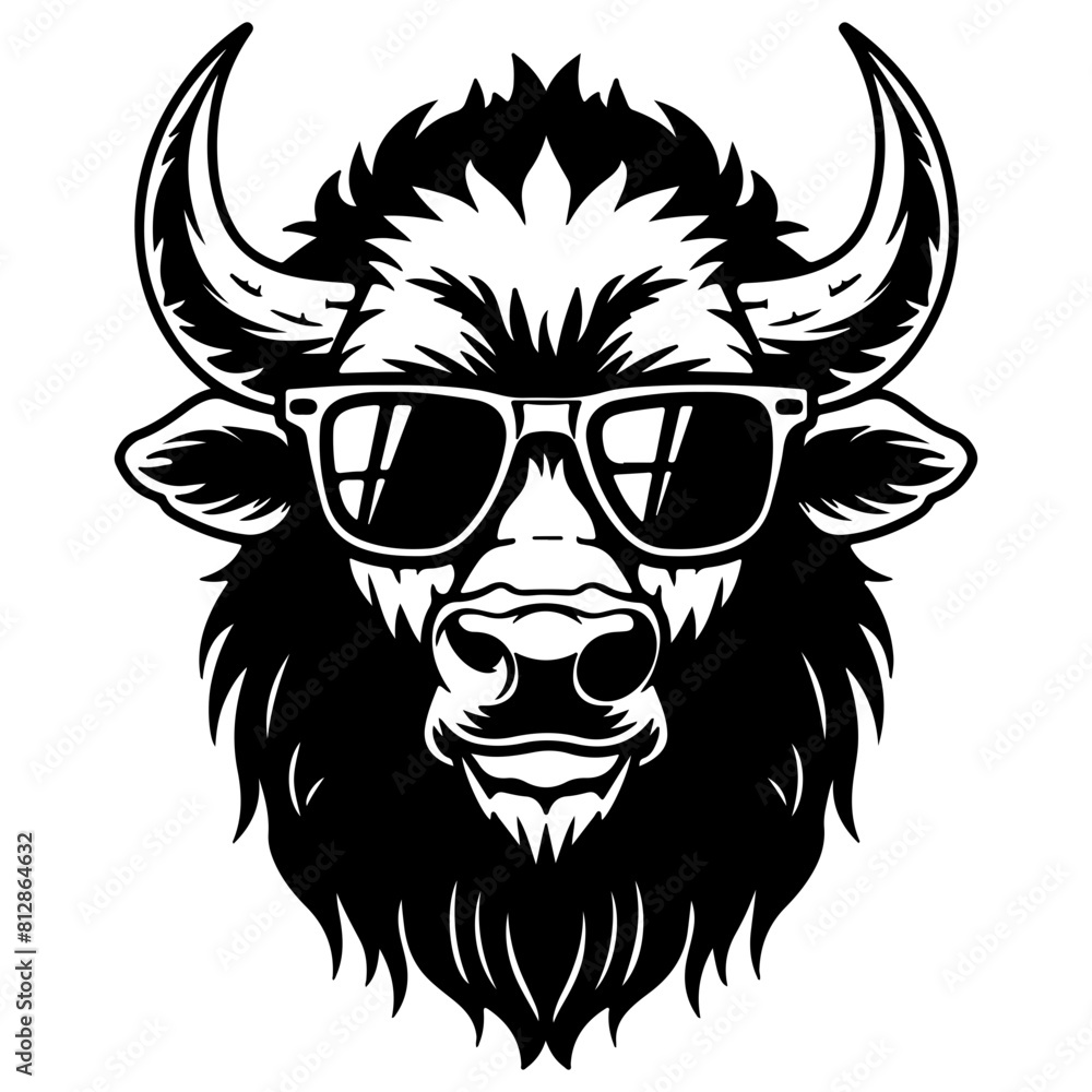 Fototapeta premium Cool Bison wearing sunglass black silhouette logo svg vector, buffalo icon illustration.