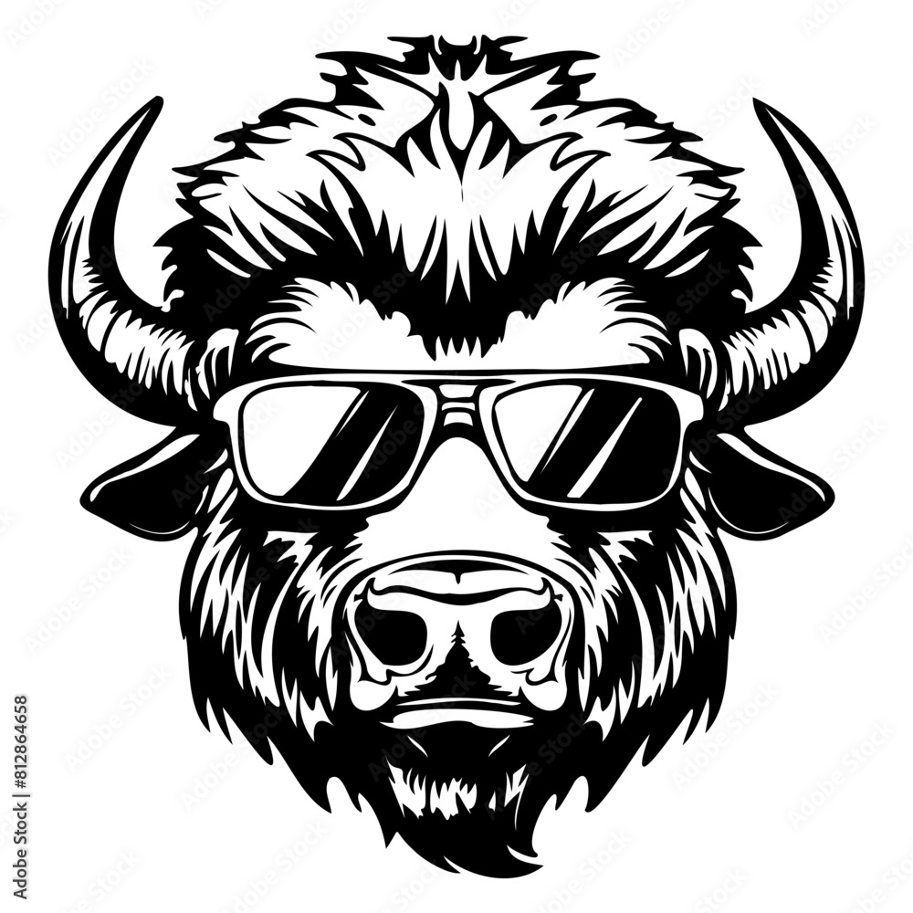 Cool Bison wearing sunglass black silhouette logo svg vector, buffalo icon illustration. Cool Bison wearing sunglass black silhouette logo svg vector, buffalo icon illustration.