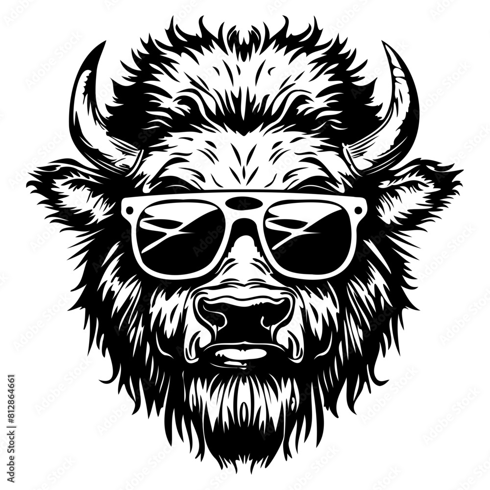Cool Bison wearing sunglass black silhouette logo svg vector, buffalo icon illustration.