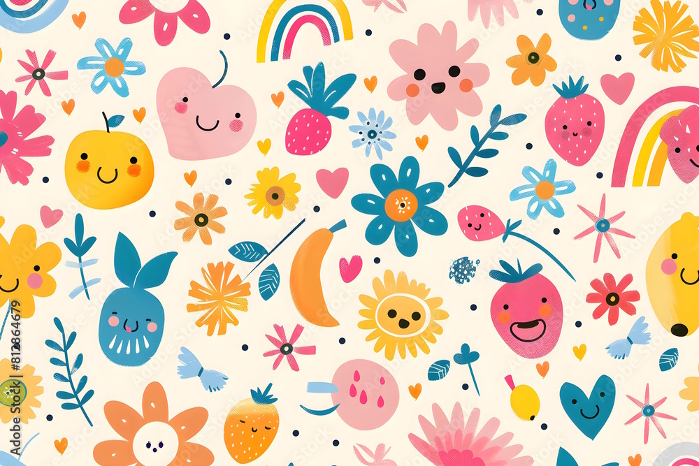 a cute colourful pattern of flowers with smiley faces