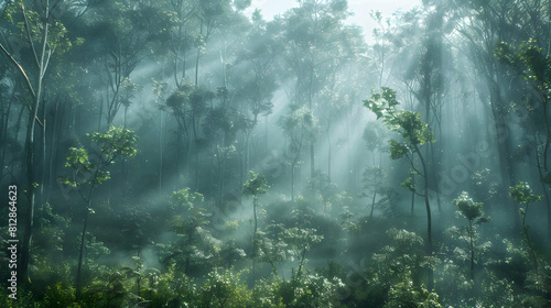 Mystical and Ancient: Misty Morning Enhancing Old Growth Forest with Unmistakable Allure | Photo realistic Stock Concept photo